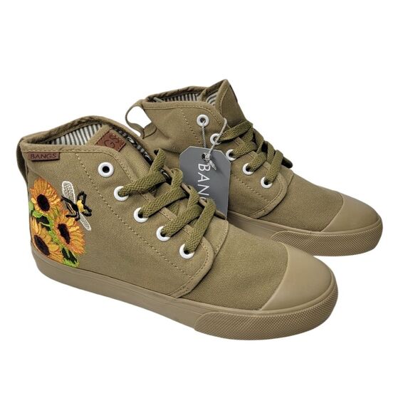 BANGS Size 5 Green Old Pine Sunflower Bumble Bee Embroidered High Top Sneakers - Picture 1 of 10